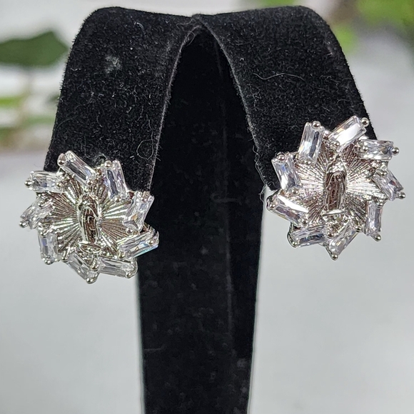 White Gold Virgin Mary with Baguette CZ Small Hoop Earrings - Picture 6 of 11